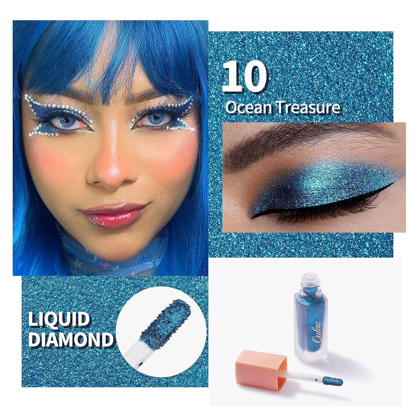 Oulac Blue Liquid Glitter Eyeshadow Liquid Shimmer Eyeshadow Liquid Eyeliner Non-sticky One-Swipe Coverage with Quick-Drying Crease-resistant Formula.Vegan & Cruelty-Free.(10)