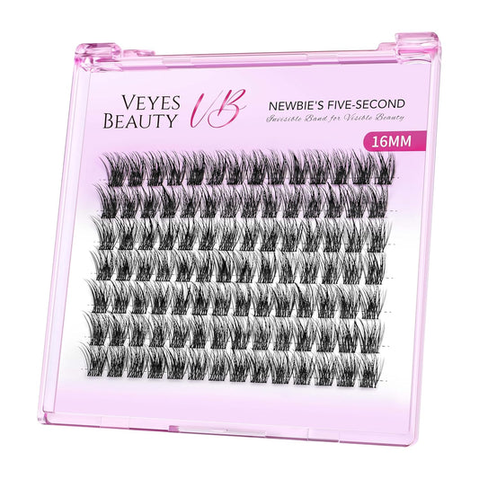 VEYESBEAUTY Lash Clusters Individual Eyelash Extensions Thin & Invisible Band DIY False Eyelashes for Self-application Newbie's Five-Second Series Wispy Lash Tray, Dreamy 16mm Single Length